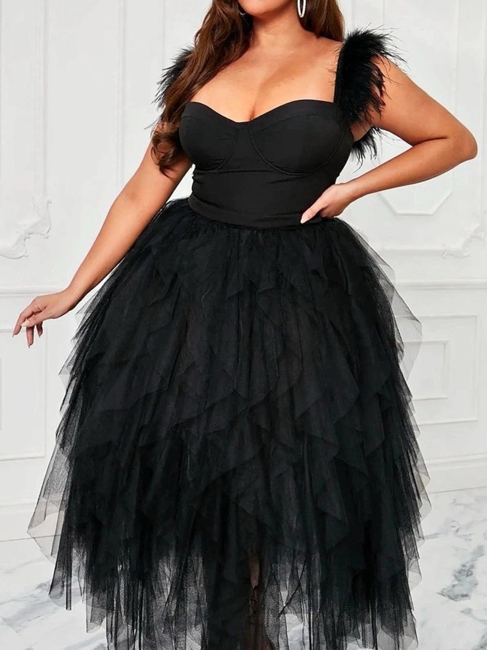 Black Feather Shoulder Maxi Dress Like New